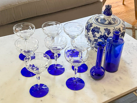 Cobalt Blue Etched Champagne Coupes