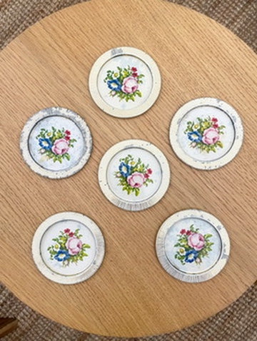 Vintage Danish Scandinavian Tin Coasters With Floral Pattern