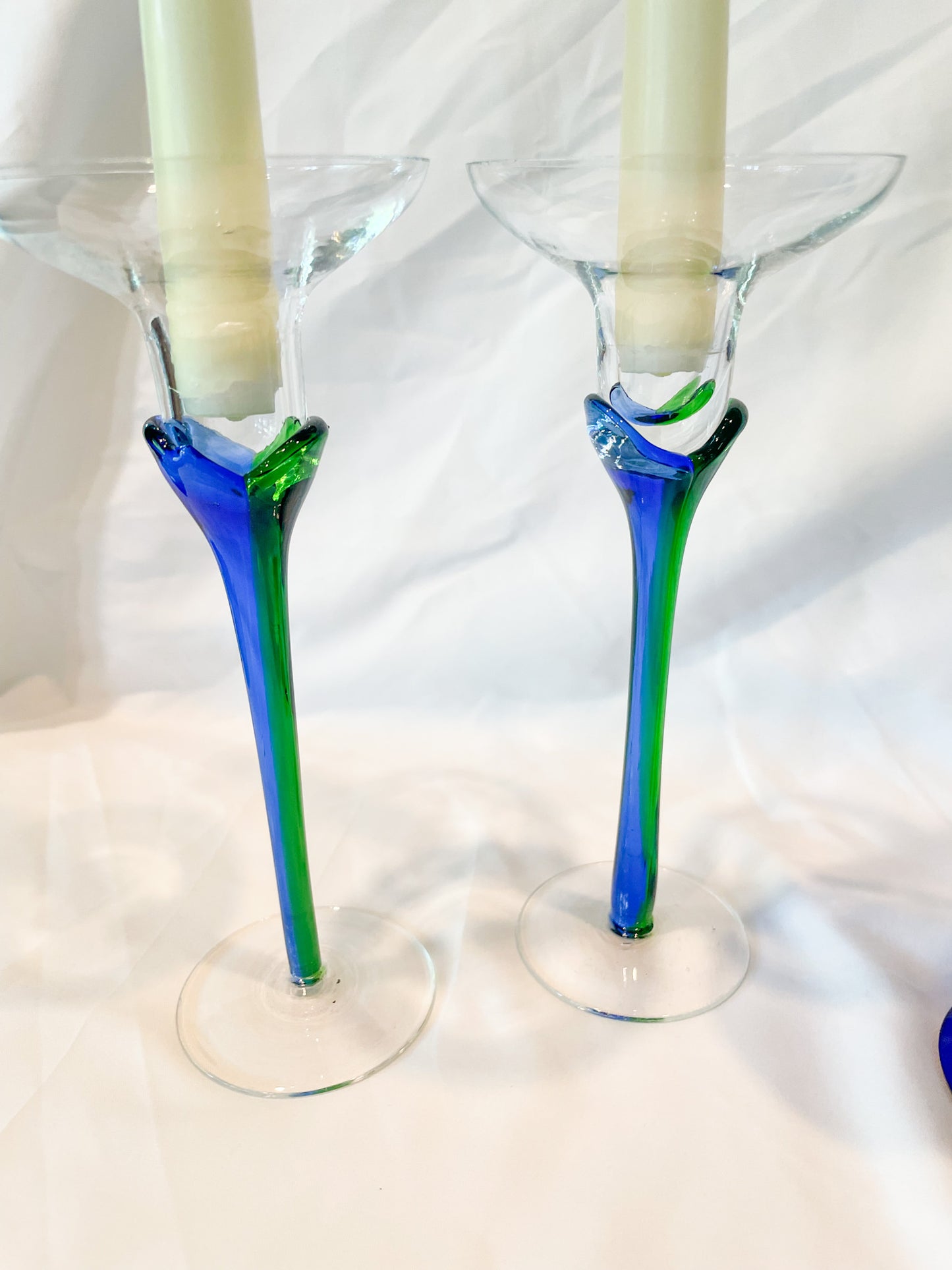 Vintage Green and Cobalt Blue Tapered Candlestick Holder