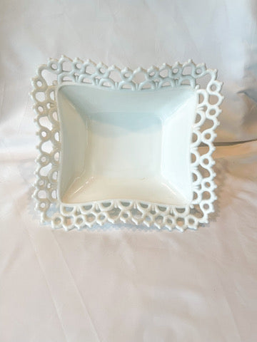 Vintage Atterbury Dancing Sailors Square Footed Milk Glass Bowl