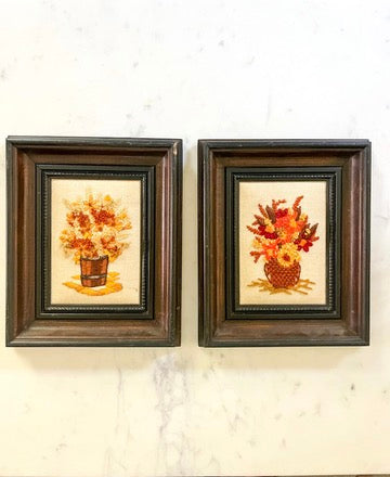 Vintage Fall Needlepoint Floral Artwork (Set of 2)