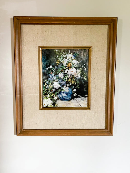Blue & White Floral Print in Linen Matted Frame